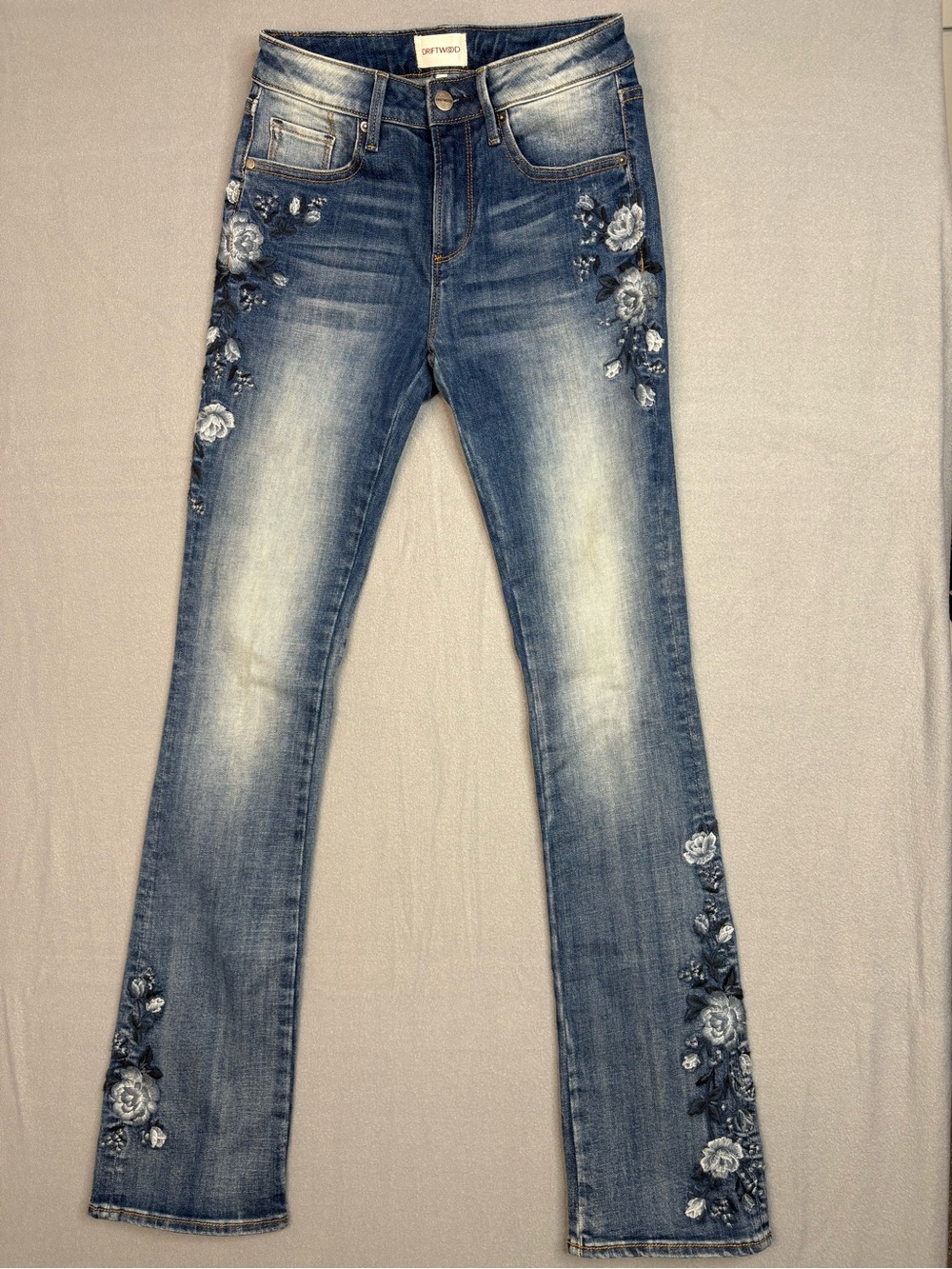 DRIFTWOOD Blue Floral Embroidered Straight-Leg Jeans W24 L33
